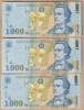 (1) LOT 3 BANCNOTE ROMANIA - 1000 LEI 1998, PORTRET MIHAI EMINESCU, SERII CONSECUTIVE, STARE UNC