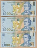 (1) LOT 3 BANCNOTE ROMANIA - 1000 LEI 1998, PORTRET MIHAI EMINESCU, SERII CONSECUTIVE, STARE UNC