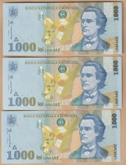 (1) LOT 3 BANCNOTE ROMANIA - 1000 LEI 1998, PORTRET MIHAI EMINESCU, SERII CONSECUTIVE, STARE UNC