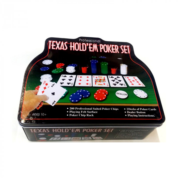 Set Poker Texas Hold&#039;Em, 25.5 x 20.5 x 9.5 cm, 200 chips, 2 pachete de carti, buton dealer