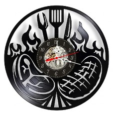 Ceas de perete decorativ Grill si BBQ, realizat din disc de vinil upcycled, model Gratar/Bucatarie, negru, 30 cm