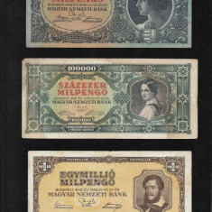 Set Ungaria 6 bancnote 10000 - 1 miliard milpengo 1946