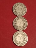 Lot 3 monede Elvetia: 20 rappen 1883 + 1884 (aUNC) + 1885 [poze]. Discount conform descrierii [10 - 20 %. Vezi descrierea.].