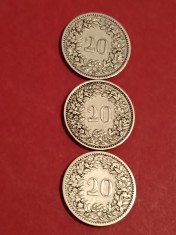 Lot 3 monede Elvetia: 20 rappen 1883 + 1884 (aUNC) + 1885 [poze]. Discount conform descrierii [10 - 20 %. Vezi descrierea.].