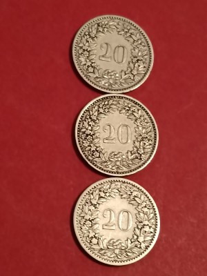 Lot 3 monede Elvetia: 20 rappen 1883 + 1884 (aUNC) + 1885 [poze]. Discount conform descrierii [10 - 20 %. Vezi descrierea.]. foto