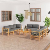 Cumpara ieftin Set mobilier grădină cu perne gri, 9 piese, lemn masiv de tec