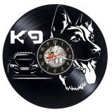 Ceas de perete decorativ realizat din disc de vinil, Model K9 Unitate Canina, Portret Ciobanesc German, Masina de Politie si Text K9, Negru, 30 cm