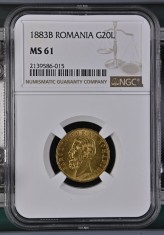 Moneda AUR 20 lei 1883, Carol I, MS61, certificata si gradata de NGC