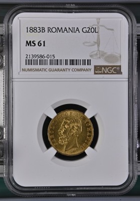 Moneda AUR 20 lei 1883, Carol I, MS61, certificata si gradata de NGC foto