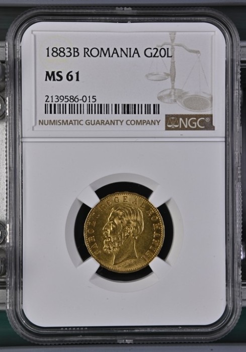Moneda AUR 20 lei 1883, Carol I, MS61, certificata si gradata de NGC