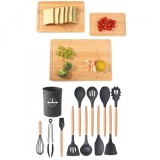 Pachet 3 tocatoare Brius&trade; + Set ustensile bucatarie 12 piese, Lemn si Silicon alimentar, termorezistente, antiaderente, suport blat, spatula, polonic,