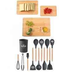 Pachet 3 tocatoare Brius&amp;trade; + Set ustensile bucatarie 12 piese, Lemn si Silicon alimentar, termorezistente, antiaderente, suport blat, spatula, polonic, foto