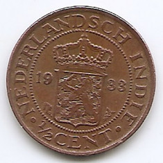 Indiile de Est Olandeze 1/2 Cent 1933 - Wilhelmina, Cupru, 17 mm KM-314.1