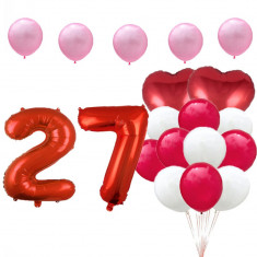 Set de 17 baloane pentru aniversarea de 27 de ani, cu 15 baloane din latex roz, albe si rosii si 2 baloane inimioara din folie, ideal pentru o petrece