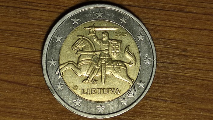 Lituania - moneda de colectie bimetal - 2 euro 2015 XF -cavaler calare- superba!