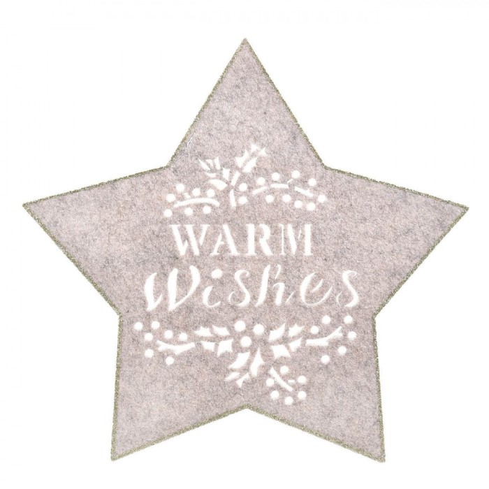 Suport Farfurie, Model &quot;Warm Wishes&quot;, Formă Stea, Culoare Bej, Material Pasla, Design Crăciun, Glitter șampanie, 35cm