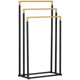 kleankin Suport pentru Prosoape cu 3 Bare din Bambus și Oțel, Design Autoportant, 45x22.5x86 cm, Negru și Lemn Natur | Aosom Romania