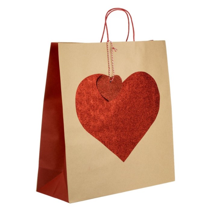 Pungă Cadou, Model Inimă Roșie cu Glitter, H&acirc;rtie, 43x16x45cm