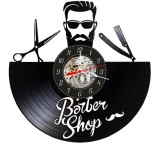 Ceas de perete decorativ din disc de vinil, Model Barbershop cu Brici, Foarfecă , Negru, 30 cm