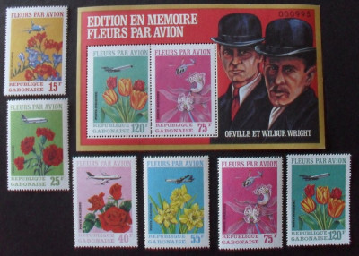 Gabon 1971 Wright Flowers by plane set + perf. sheet with numbers MNH DA.092 foto