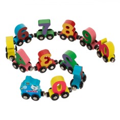 Tren magnetic din lemn cu vagoane numerotate foto