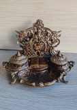 Călimară dublă antică din fontă cu suport scrisori &ndash; Model colecție, cca. 1900