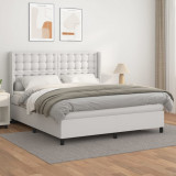 VidaXL Pat box spring cu saltea, alb, 160x200 cm, piele ecologică