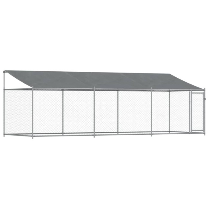 Cusca caini cu acoperis si usi, gri, 6x2x2 m, otel galvanizat