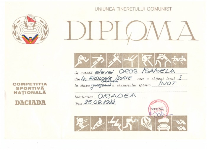 Diploma Uniunea Tineretului Comunist, concurs sportiv, inot, 1988