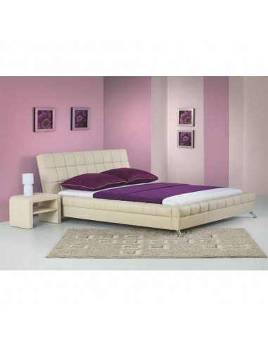 Pat HM Bonita, dublu, tapitat cu piele ecologica, lemn masiv, cu somiera, 160x200, bej