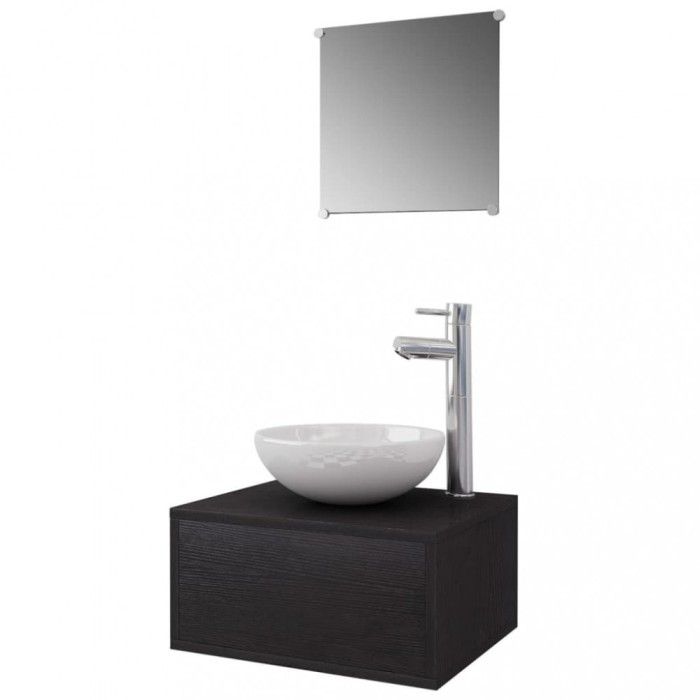 Set mobilier baie 4 piese cu chiuveta si robinet incluse, Negru
