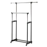 Stender haine dublu cu suport pantofi HM WU11, stabil, metalic, polipropilena, cu roti, reglabil inaltime si latime, negru argintiu