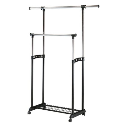 Stender haine dublu cu suport pantofi HM WU11, stabil, metalic, polipropilena, cu roti, reglabil inaltime si latime, negru argintiu foto