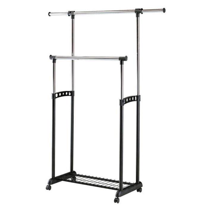 Stender haine dublu cu suport pantofi HM WU11, stabil, metalic, polipropilena, cu roti, reglabil inaltime si latime, negru argintiu