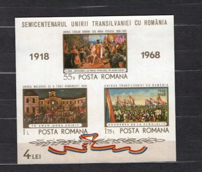 ROMANIA 1968 - SEMICENTENARUL UNIRII TRANSILVANIEI. COLITA NESTAMPILATA, SA5 foto