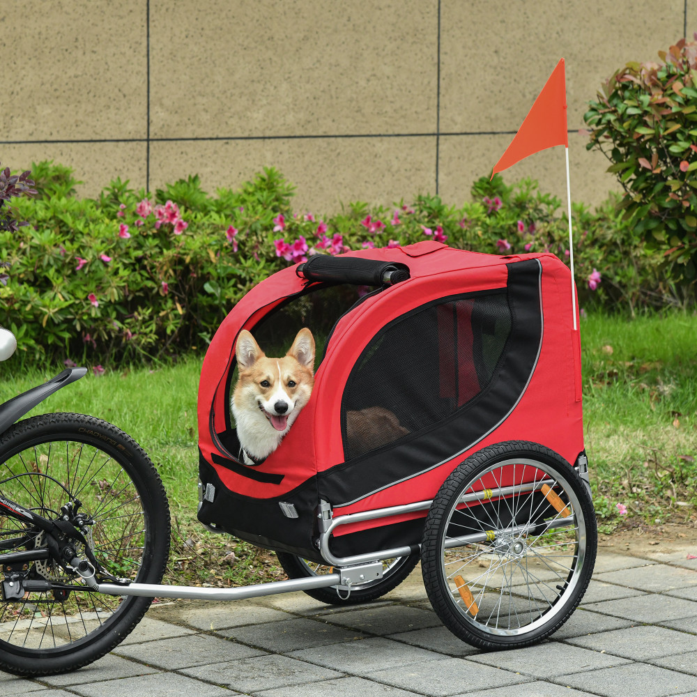 PawHut Remorcă Bicicletă pentru Câini și Animale Domestice, Roșu și Negru,  130 x 90 x 110cm | Okazii.ro