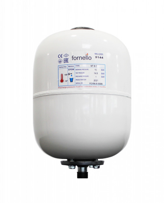 Vas expansiune sanitar Fornello 8 litri, vertical culoare alb, presiune maxima 10 bar, membrana EPDM