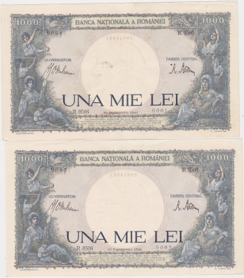 ROMANIA 2 X 1000 lei 1941 XF+ consecutive foto