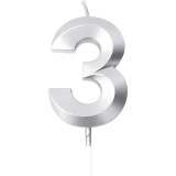 Lumanare Cifra 3, Cyrax, Model Diamond, 5 x 3.4 cm, Argintiu