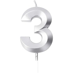 Lumanare Cifra 3, Cyrax, Model Diamond, 5 x 3.4 cm, Argintiu