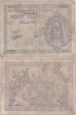 1943 ( 25 X ) , 20 francs ( P-92a ) - Algeria foto