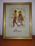 Tablou cusut brodat broderie veche inramata fir maro auriu baiat cu fluier fata port traditional taranesc