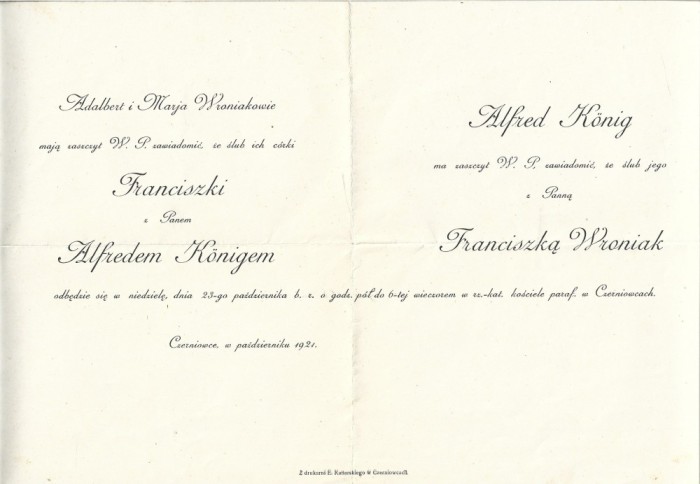 A3671N Invitație la nunta cofetarului Alfred K&ouml;nig din Cernăuți, 1921, Cernăuți, limba poloneză