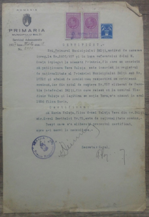 Certificat cetatenie romana// Primaria Municipiului Balti, Basarabia, 1937