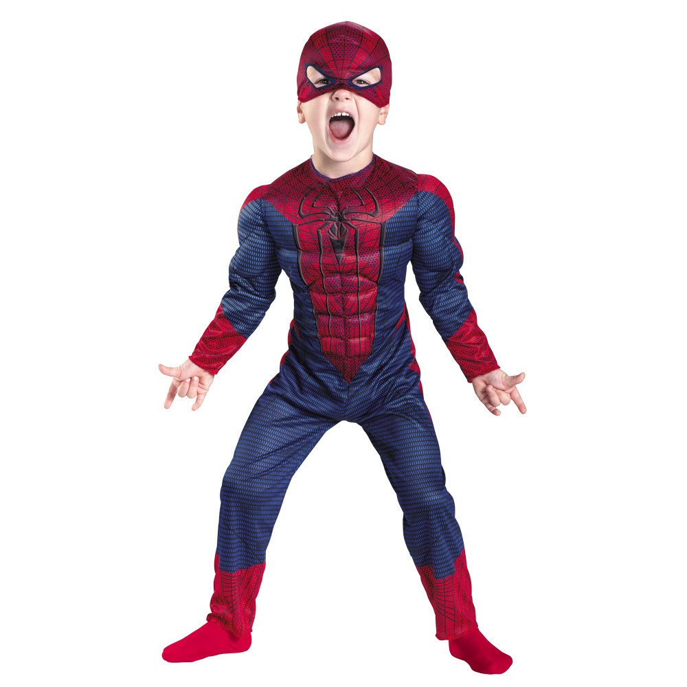 Set costum Spiderman cu muschi, pentru 3-5 ani, 2 lansatoare si masca  plastic LED, rosu | Okazii.ro