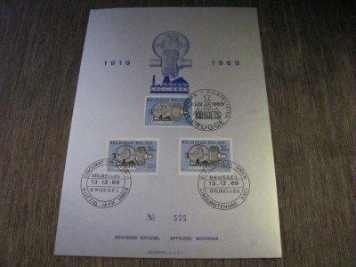 Carton Filatelic Vintage Belgia 1969 &amp;ndash; 50 de Ani SNCB/NMBS, 3 Timbre Obliterate, Ediție Limitată foto