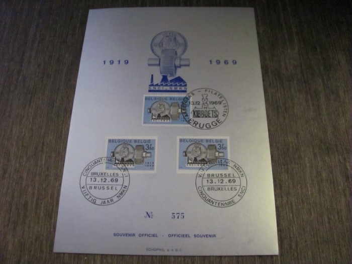Carton Filatelic Vintage Belgia 1969 &ndash; 50 de Ani SNCB/NMBS, 3 Timbre Obliterate, Ediție Limitată