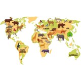 Harta decorativa pentru perete, harta lumii pentru copii cu animale, PVC, 50x70 cm, montaj fara sipci