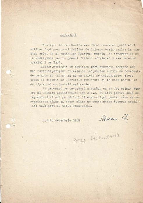 A3582N Semnătura olografă a scriitorului Petre Sălcudeanu, 1959