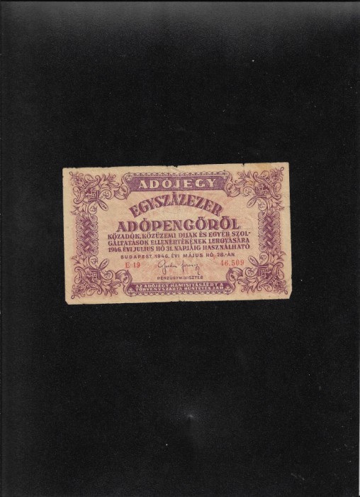Ungaria 100000 100 000 egyszazezer adopengorol adopengo 1946 seria46509